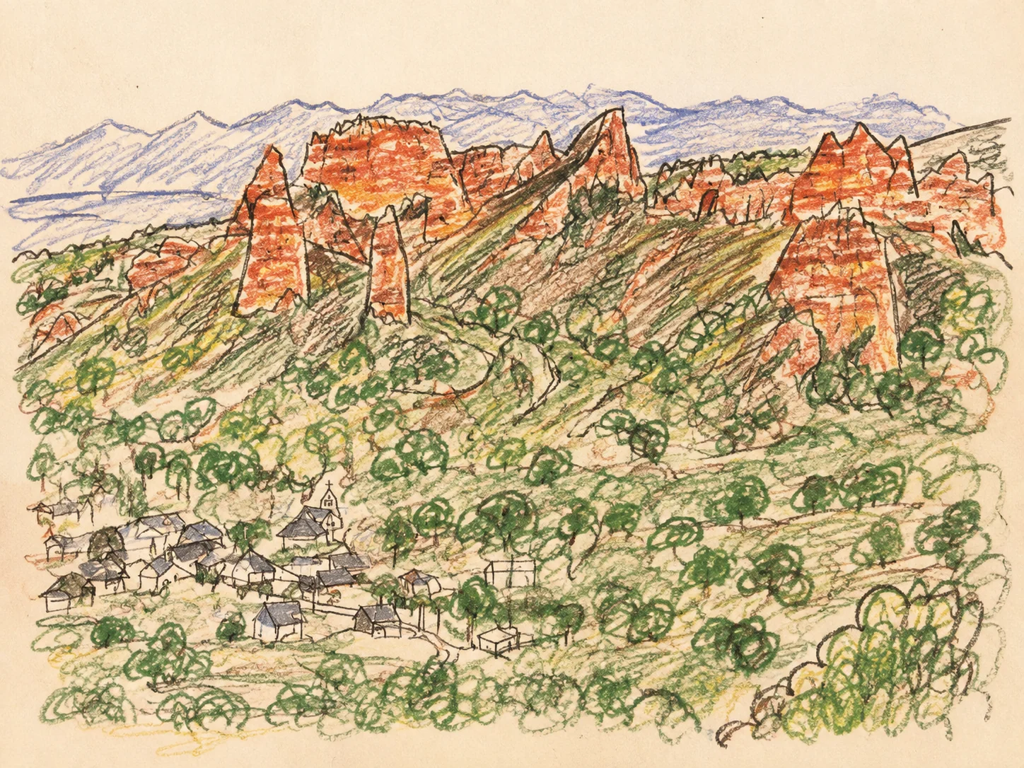 Dibujo a lápiz y ceras de Las Médulas: picos rojizos, castaños y un pueblo entre el verde